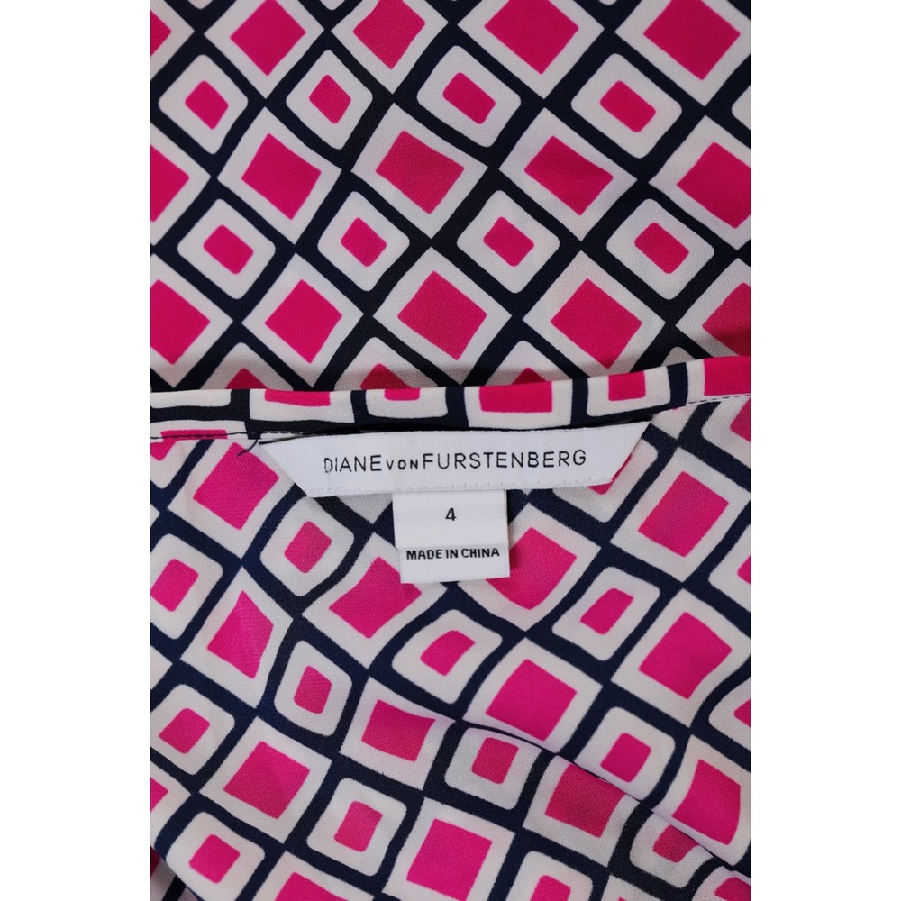Sz 4 Diane Von Furstenberg Geometric Fuschia/Navy Cotton & Silk Midi Wrap Dress - Picture 5 of 5